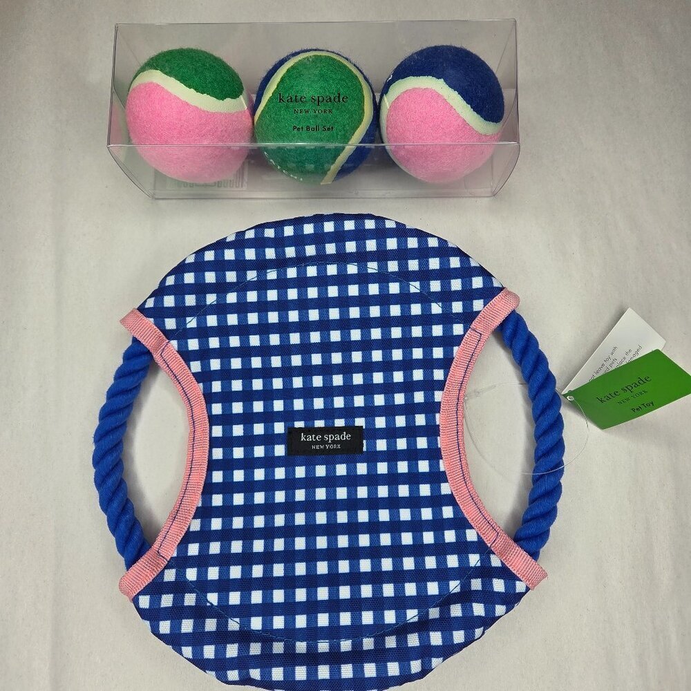 NWT Kate Spade Blue Gingham Dog Tug Toy & 3 Pack Balls